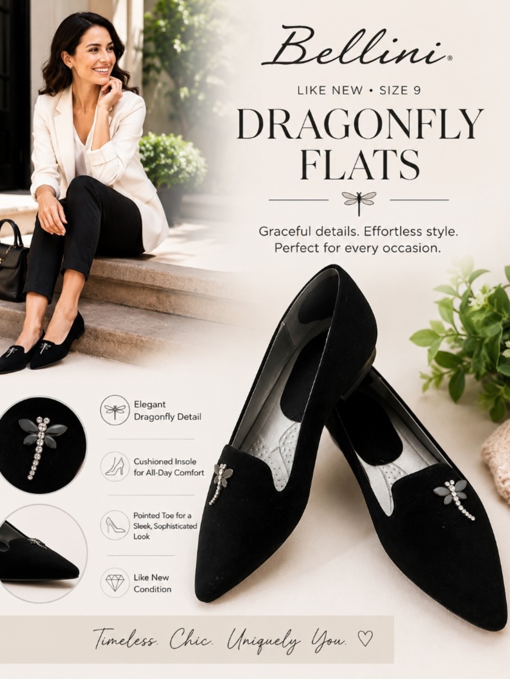 Bellini Dragonfly Black Pointed Toe Flats Size 9 Rhinestone Embellished